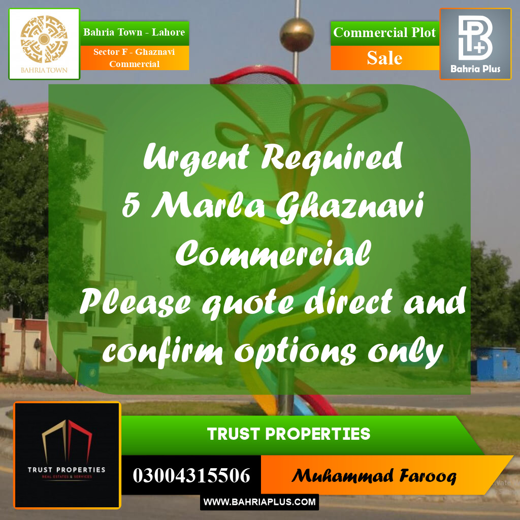 5 Marla Commercial Plot for Sale in Sector F - Ghaznavi Commercial -  Bahria Town, Lahore - (BP-229682)