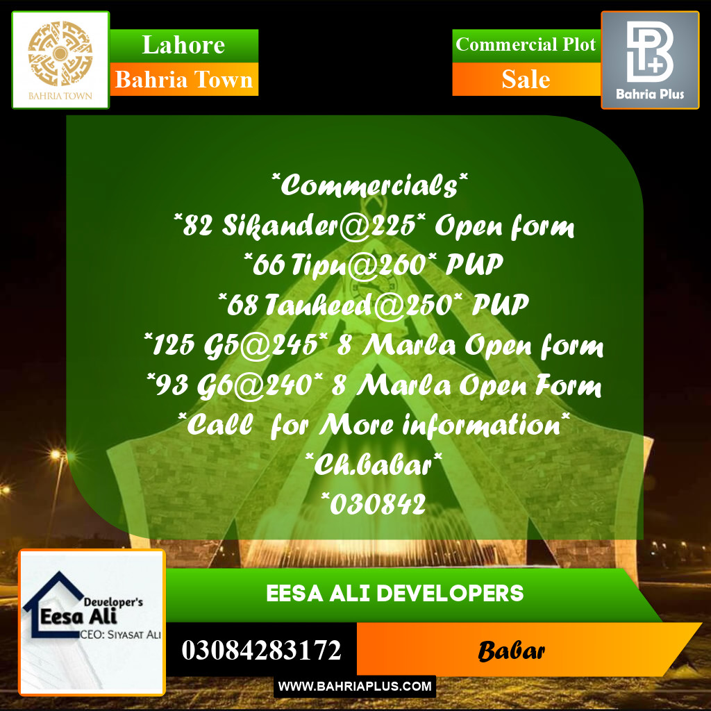 Commercial Plot for Sale in Bahria Town, Lahore - (BP-229809)