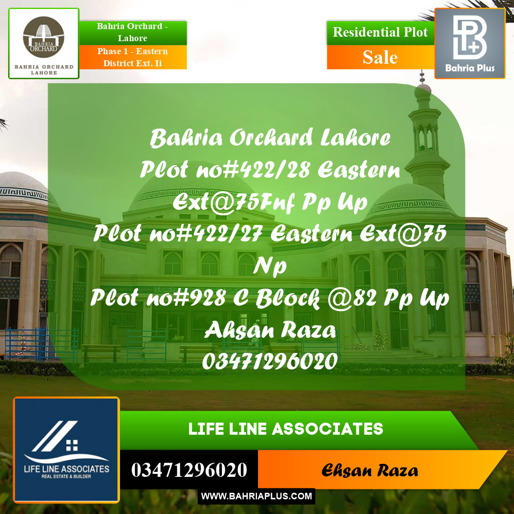 8 Marla Residential Plot for Sale in Phase 1 - Eastern District Ext. II -  Bahria Orchard, Lahore - (BP-229823)
