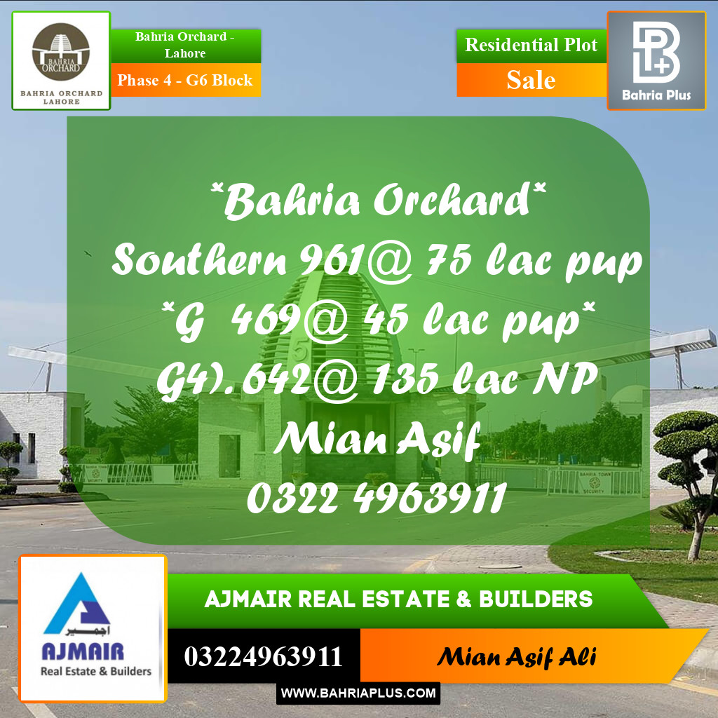 Residential Plot for Sale in Phase 4 - G6 Block -  Bahria Orchard, Lahore - (BP-230151)