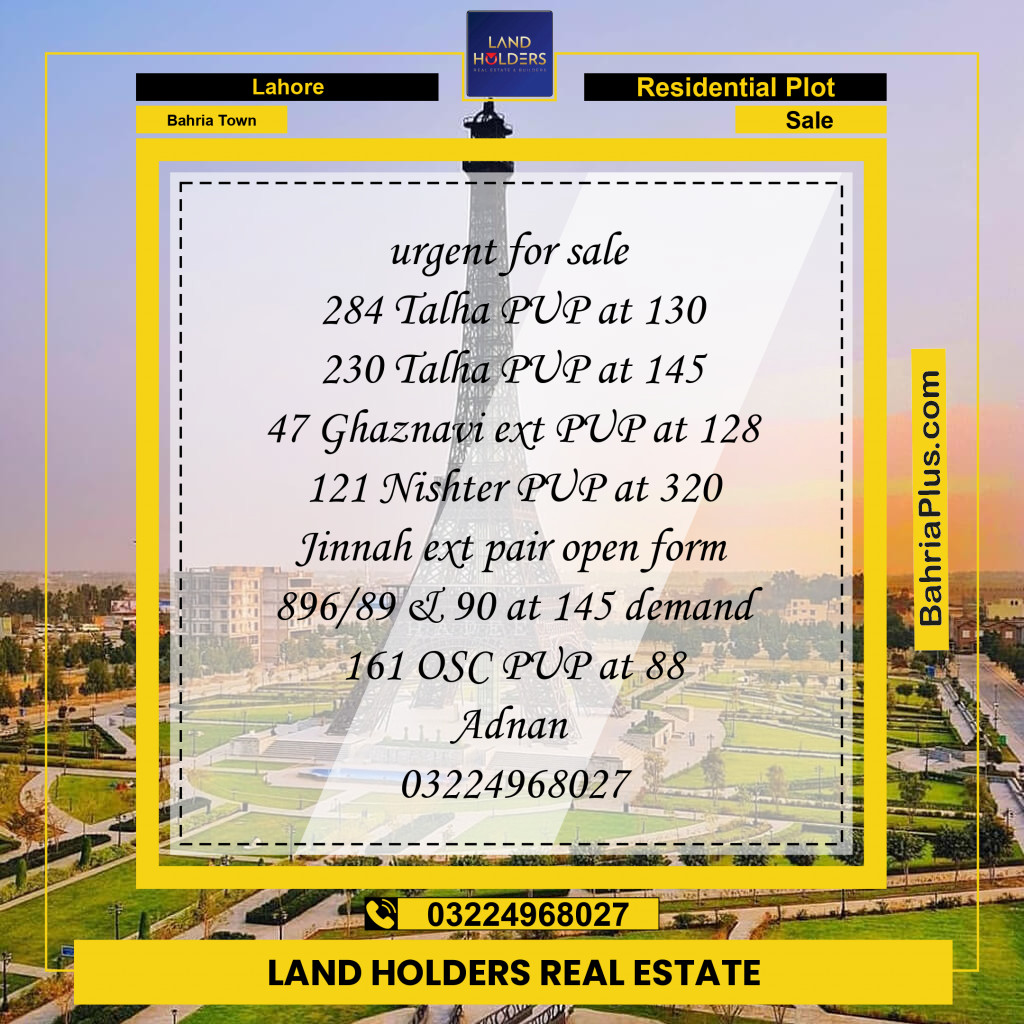 Residential Plot for Sale in Bahria Town, Lahore - (BP-230248)