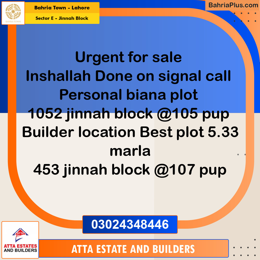 5 Marla Residential Plot for Sale in Sector E - Jinnah Block -  Bahria Town, Lahore - (BP-230328)