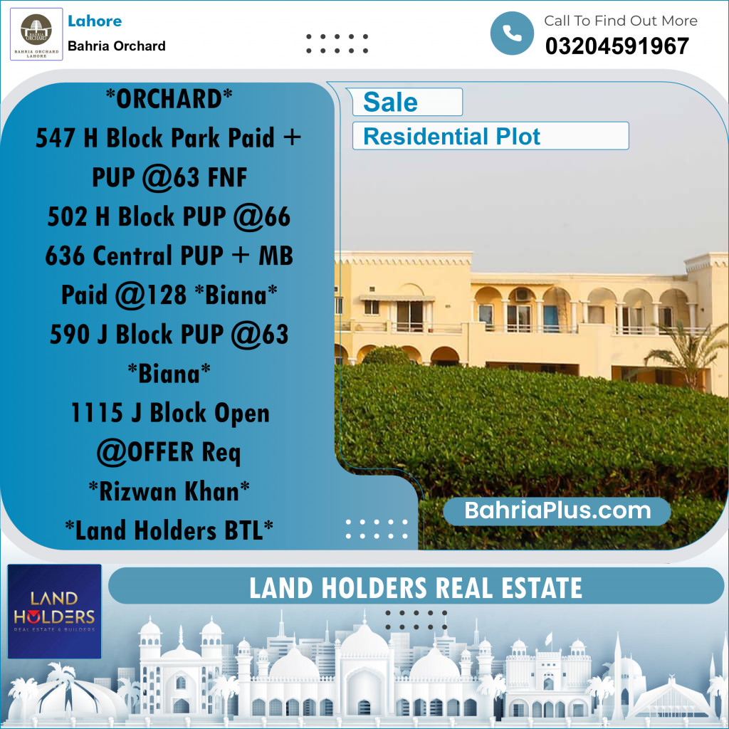 Residential Plot for Sale in Bahria Orchard, Lahore - (BP-230397)