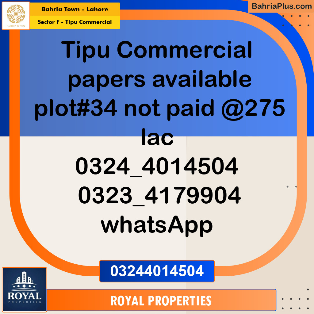Commercial Plot for Sale in Sector F - Tipu Commercial -  Bahria Town, Lahore - (BP-230526)