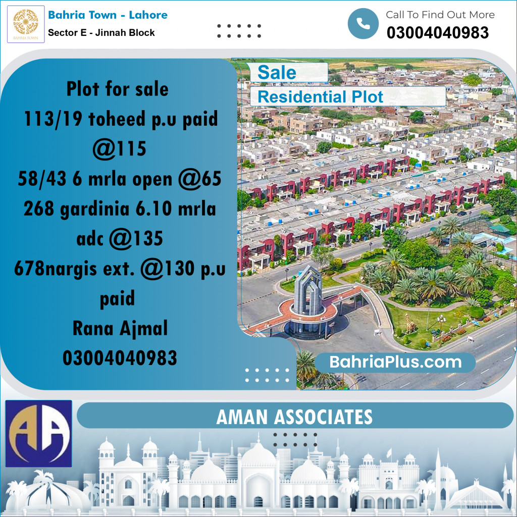 Residential Plot for Sale in Sector E - Jinnah Block -  Bahria Town, Lahore - (BP-230608)