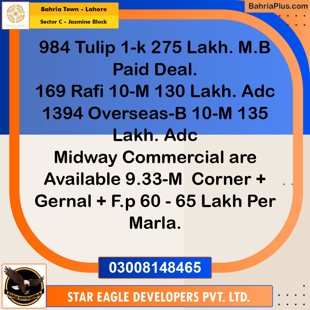 1 Kanal Residential Plot for Sale in Sector C - Jasmine Block -  Bahria Town, Lahore - (BP-230885)