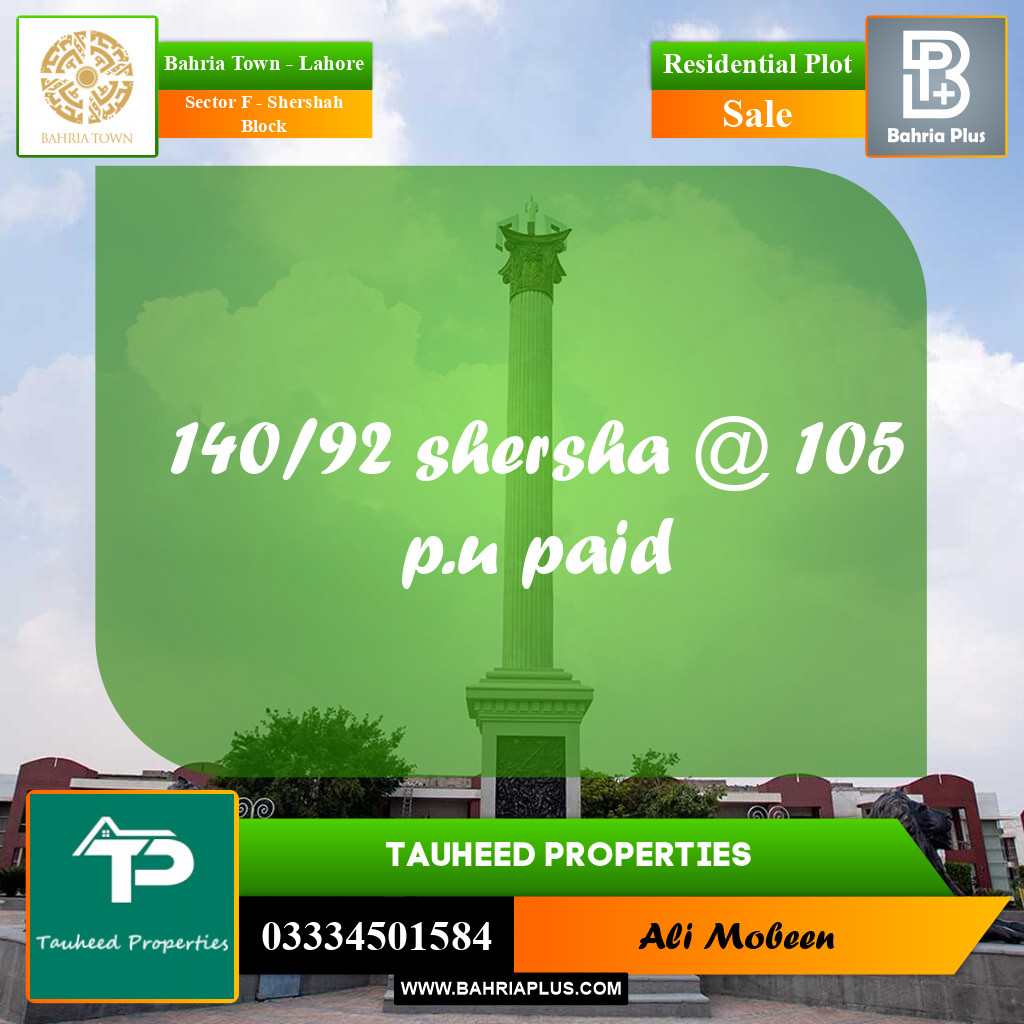 5 Marla Residential Plot for Sale in Sector F - Shershah Block -  Bahria Town, Lahore - (BP-231024)