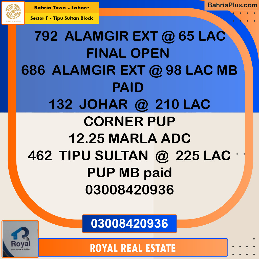 1 Kanal Residential Plot for Sale in Sector F - Tipu Sultan Block -  Bahria Town, Lahore - (BP-231042)
