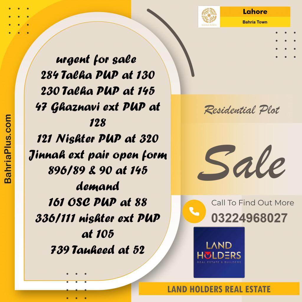 Residential Plot for Sale in Bahria Town, Lahore - (BP-231074)