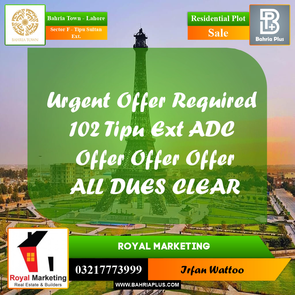 Residential Plot for Sale in Sector F - Tipu Sultan Ext. -  Bahria Town, Lahore - (BP-231088)