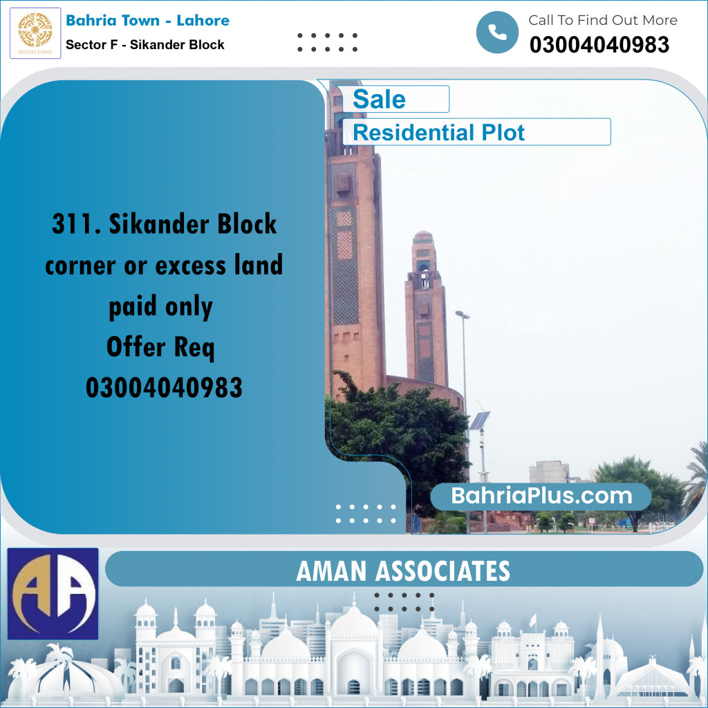 Residential Plot for Sale in Sector F - Sikander Block -  Bahria Town, Lahore - (BP-231119)