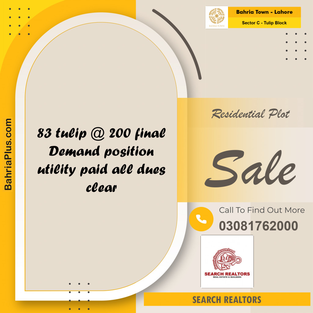 10 Marla Residential Plot for Sale in Sector C - Tulip Block -  Bahria Town, Lahore - (BP-231268)