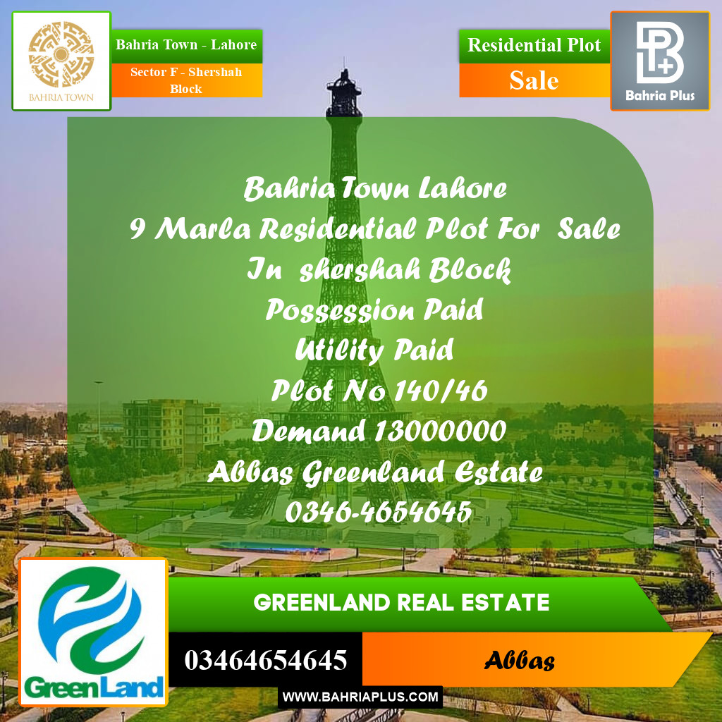 9 Marla Residential Plot for Sale in Sector F - Shershah Block -  Bahria Town, Lahore - (BP-231279)