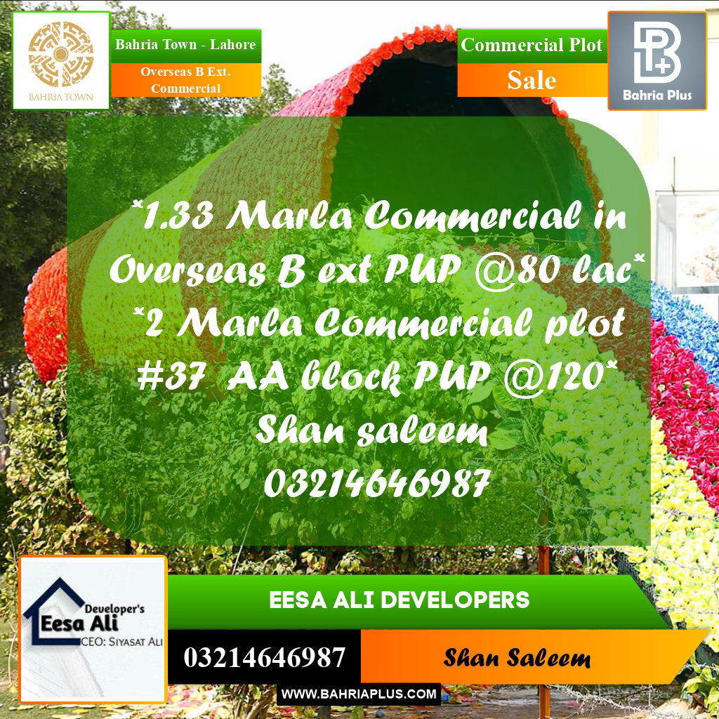 2 Marla Commercial Plot for Sale in Overseas B Ext. Commercial -  Bahria Town, Lahore - (BP-231319)
