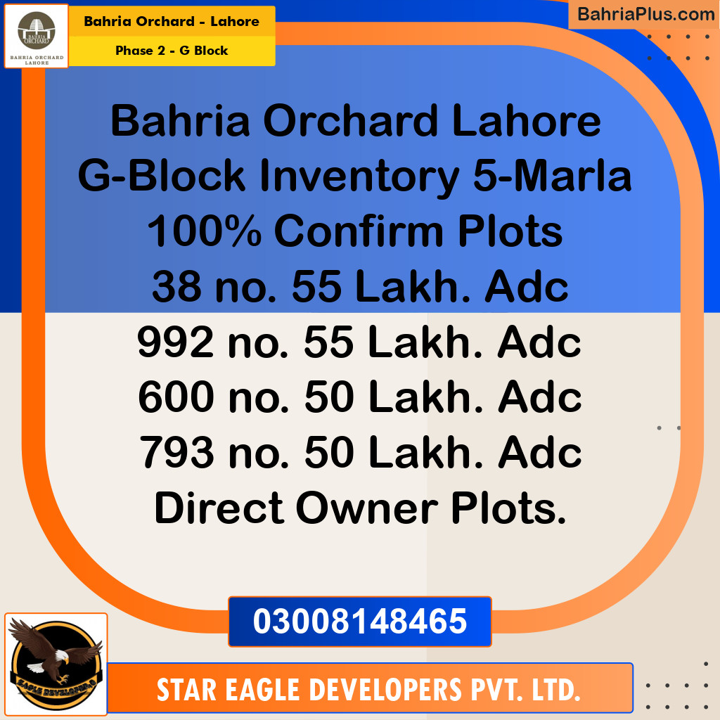 5 Marla Residential Plot for Sale in Phase 2 - G Block -  Bahria Orchard, Lahore - (BP-231320)