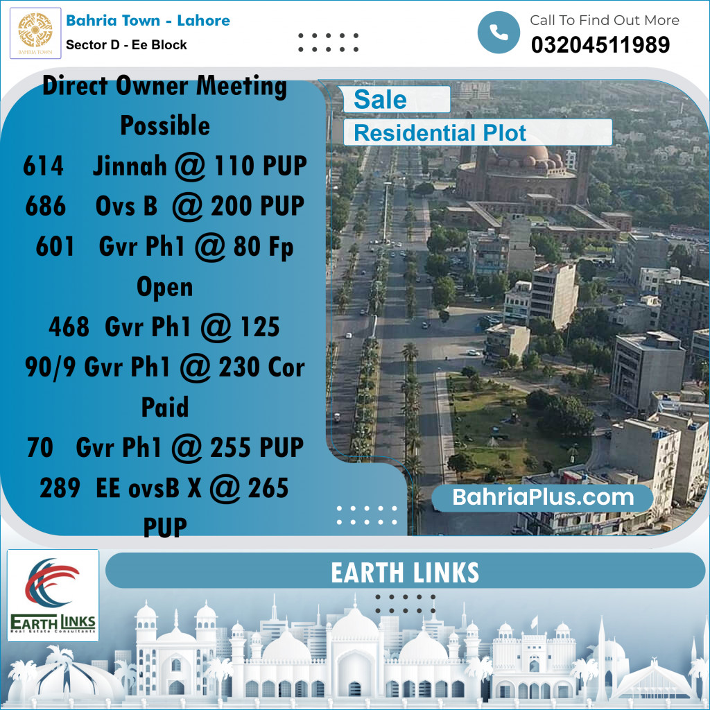 1 Kanal Residential Plot for Sale in Sector D - EE Block -  Bahria Town, Lahore - (BP-231330)
