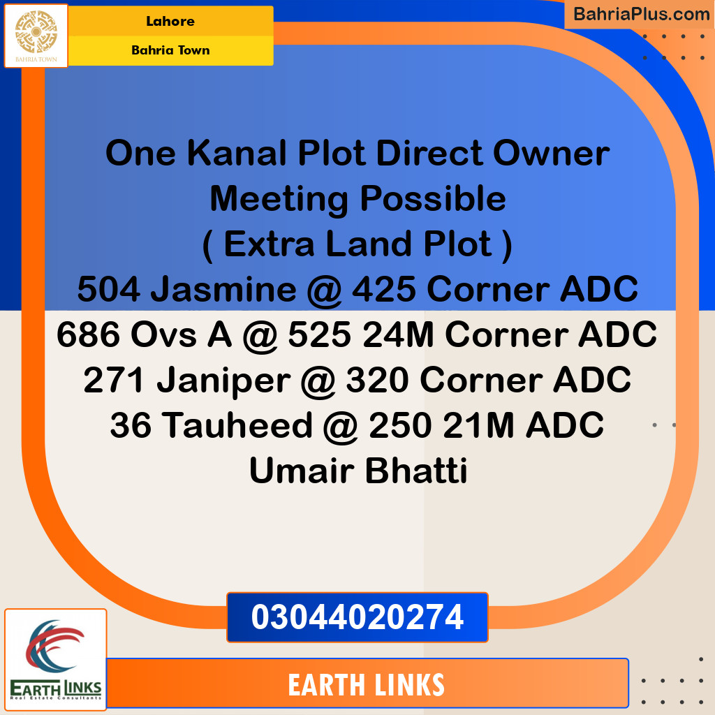 1 Kanal Residential Plot for Sale in Bahria Town, Lahore - (BP-231802)