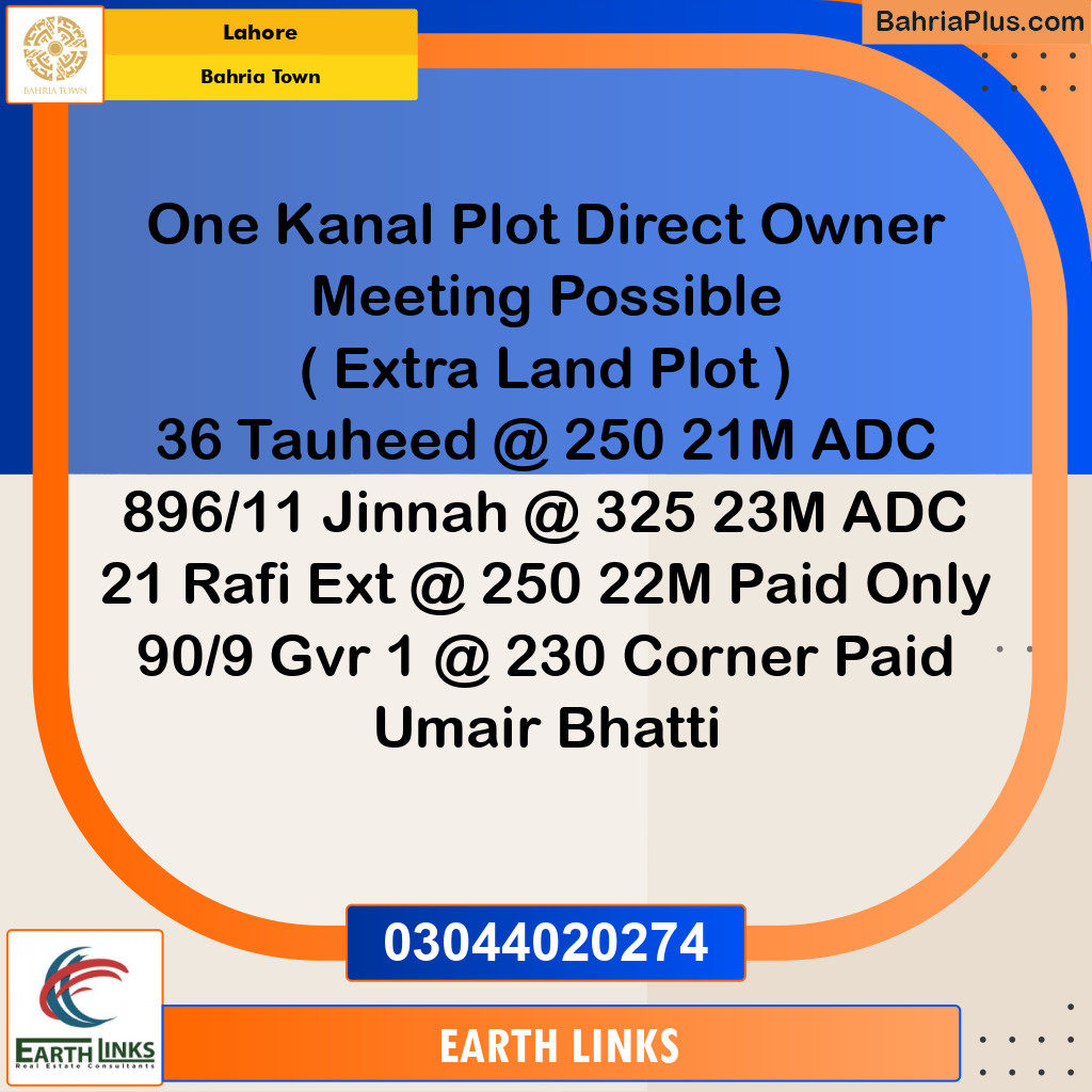 1 Kanal Residential Plot for Sale in Bahria Town, Lahore - (BP-231804)