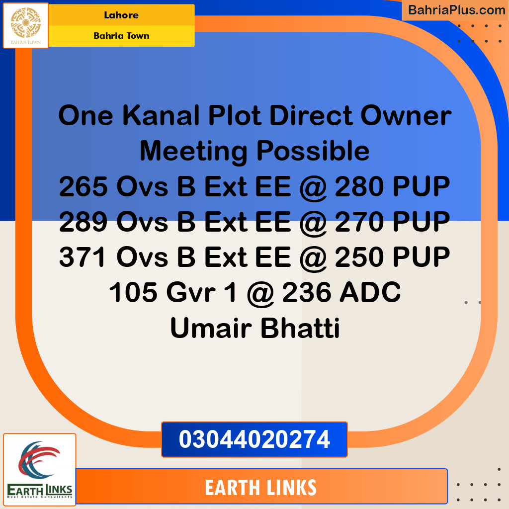 1 Kanal Residential Plot for Sale in Bahria Town, Lahore - (BP-231812)