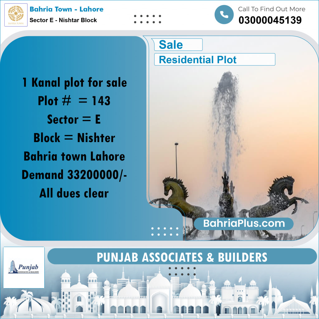 20 Marla Residential Plot for Sale in Sector E - Nishtar Block -  Bahria Town, Lahore - (BP-231934)