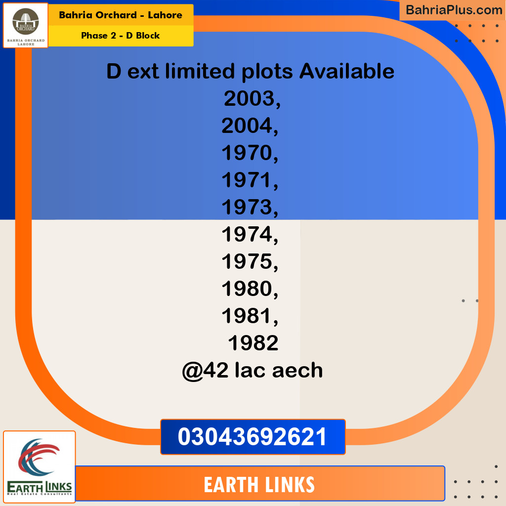 5 Marla Residential Plot for Sale in Phase 2 - D Block -  Bahria Orchard, Lahore - (BP-231971)