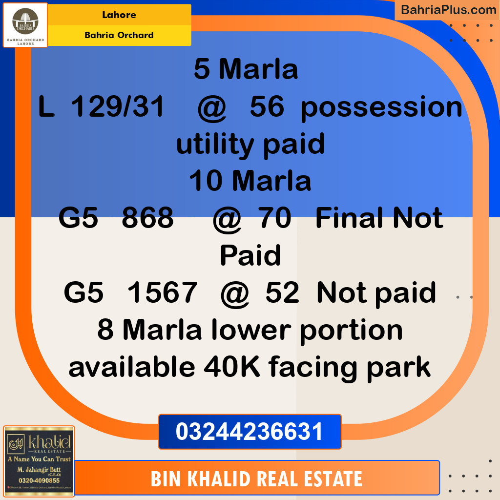 5 Marla Residential Plot for Sale in Bahria Orchard, Lahore - (BP-231972)