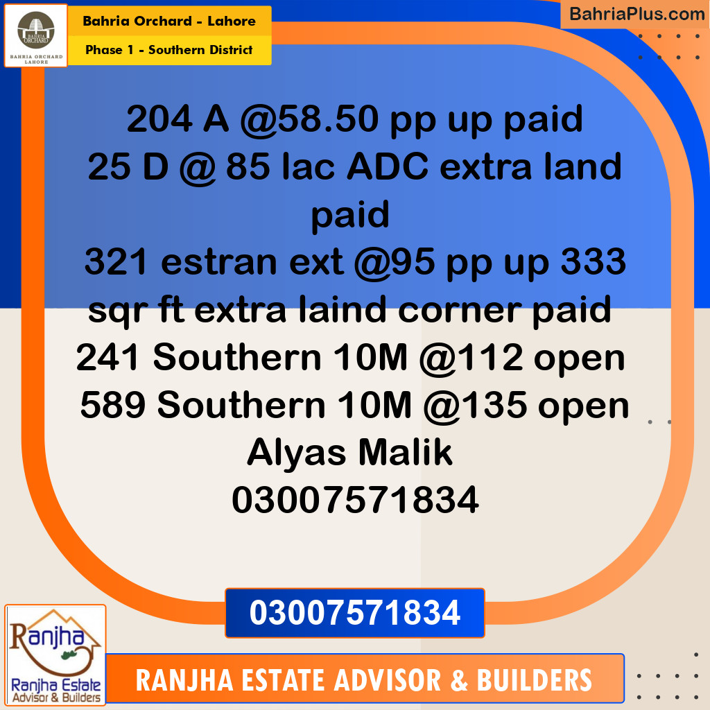10 Marla Residential Plot for Sale in Phase 1 - Southern District -  Bahria Orchard, Lahore - (BP-232001)