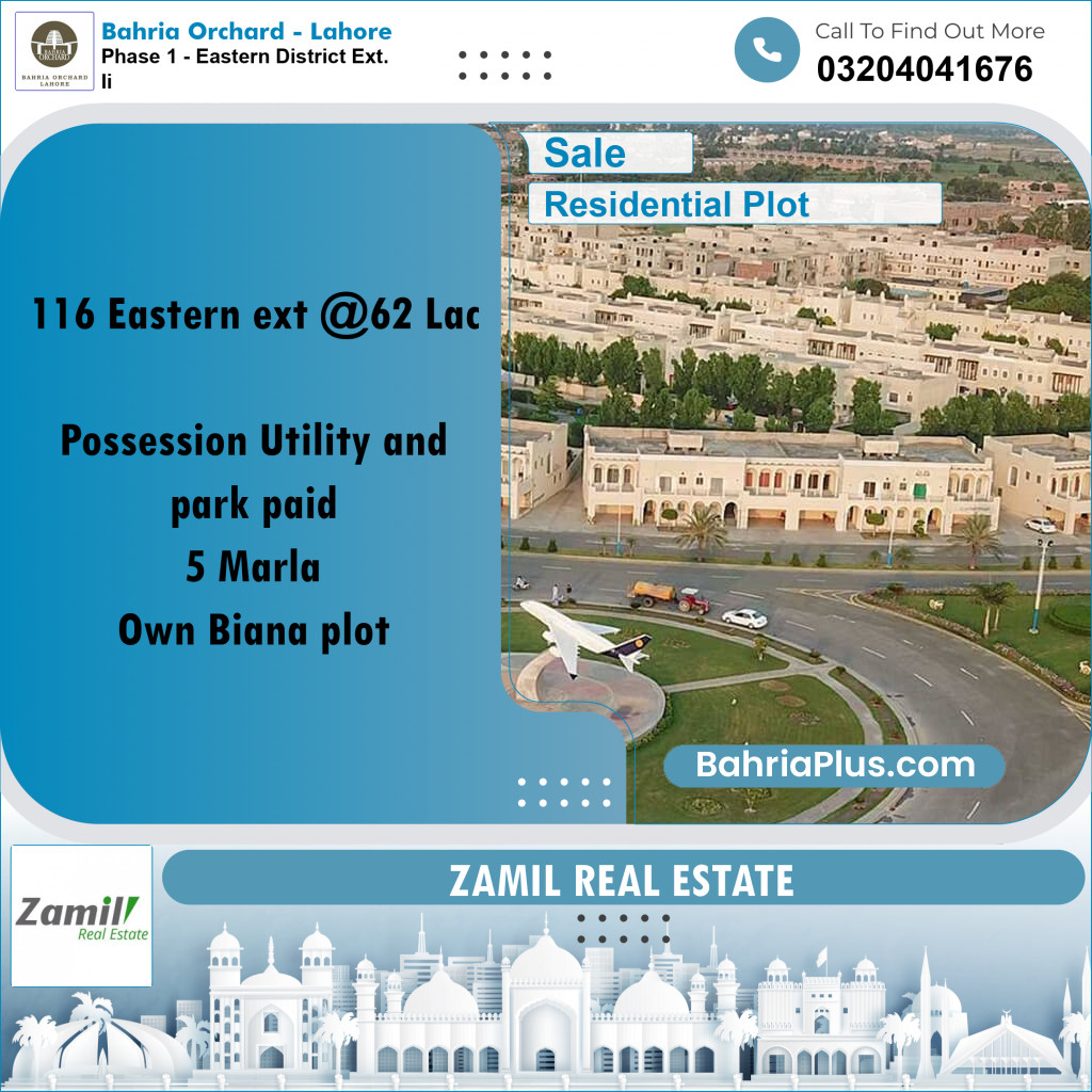 5 Marla Residential Plot for Sale in Phase 1 - Eastern District Ext. II -  Bahria Orchard, Lahore - (BP-232182)