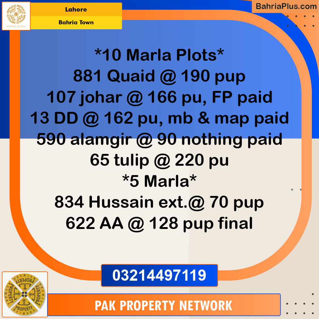 Residential Plot for Sale in Bahria Town, Lahore - (BP-232324)
