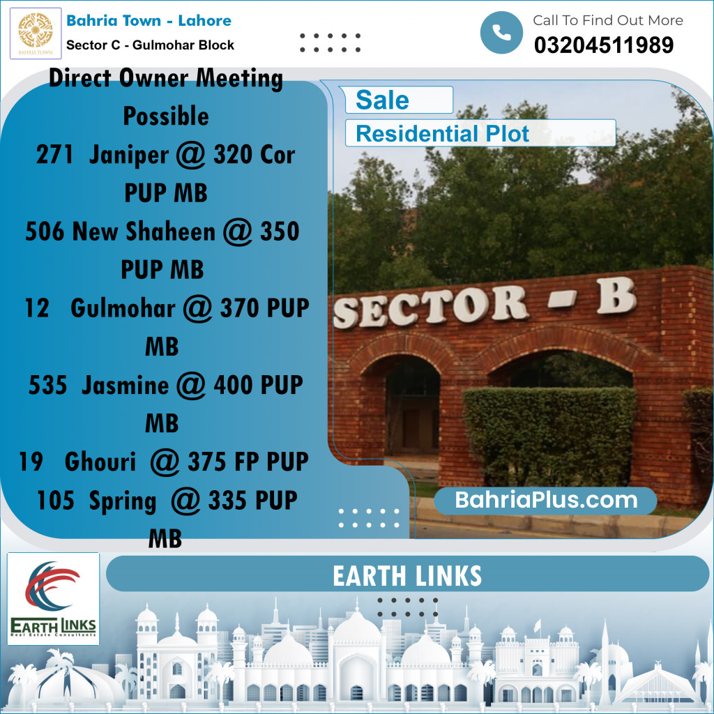 1 Kanal Residential Plot for Sale in Sector C - Gulmohar Block -  Bahria Town, Lahore - (BP-232354)
