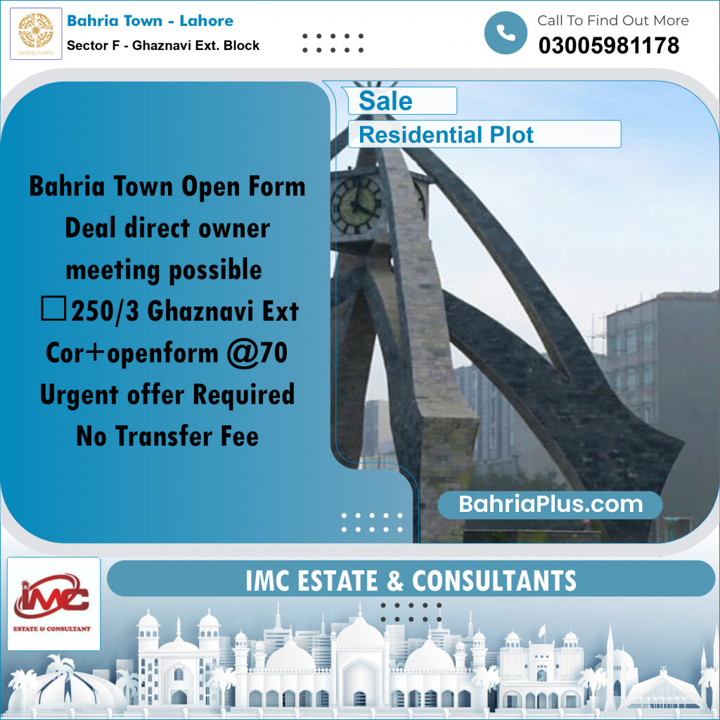 Residential Plot for Sale in Sector F - Ghaznavi Ext. Block -  Bahria Town, Lahore - (BP-232356)