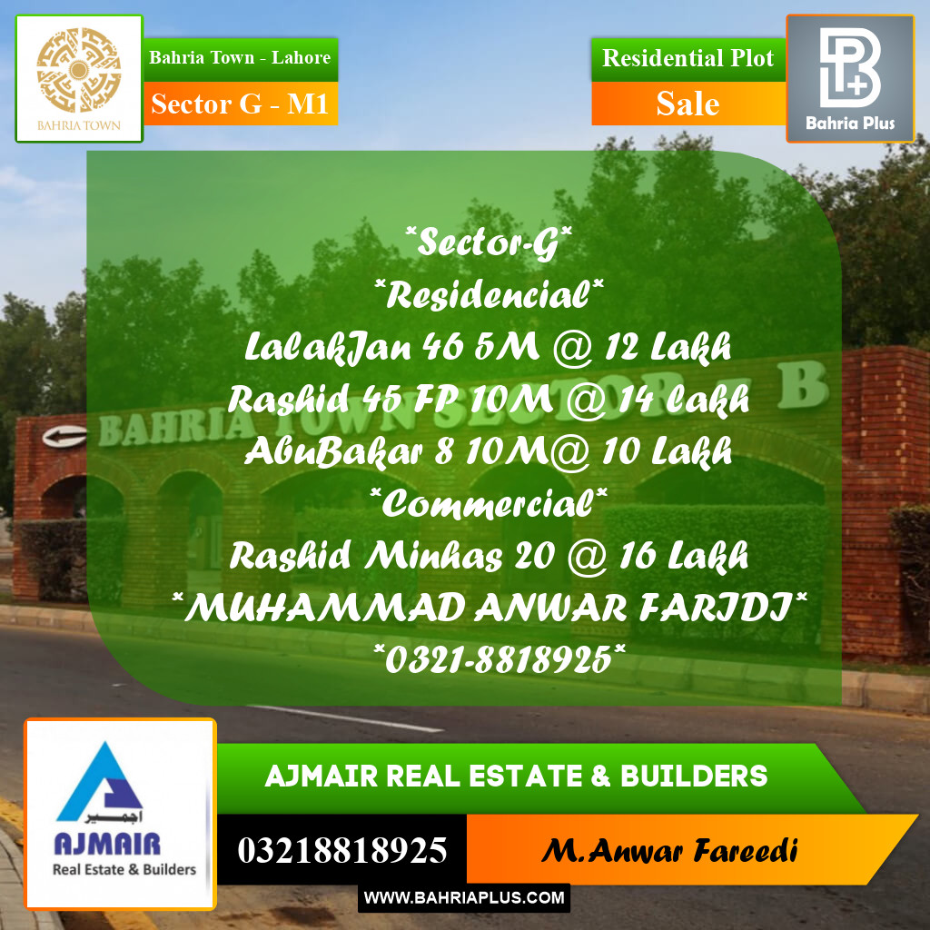 5 Marla Residential Plot for Sale in Sector G - Abubakar Block -  Bahria Town, Lahore - (BP-232741)