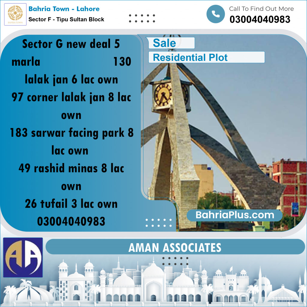 Residential Plot for Sale in Sector F - Tipu Sultan Block -  Bahria Town, Lahore - (BP-232754)