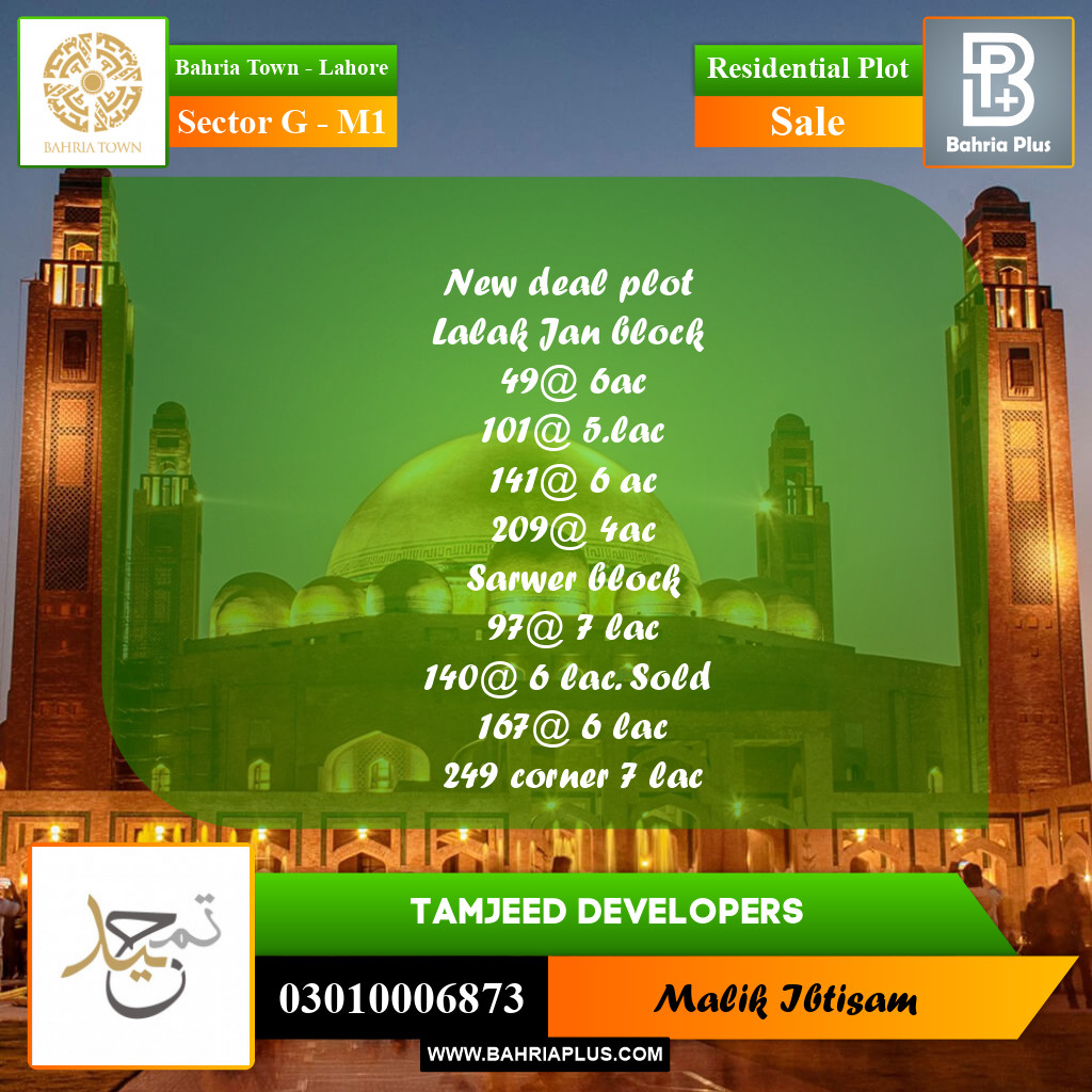 Residential Plot for Sale in Sector G - Abubakar Block -  Bahria Town, Lahore - (BP-232756)
