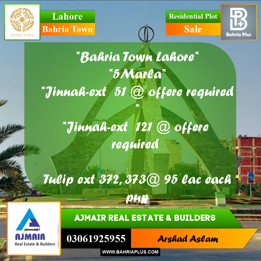 5 Marla Residential Plot for Sale in Bahria Town, Lahore - (BP-232873)