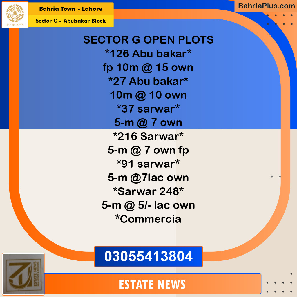 Residential Plot for Sale in Sector G - Abubakar Block -  Bahria Town, Lahore - (BP-232987)