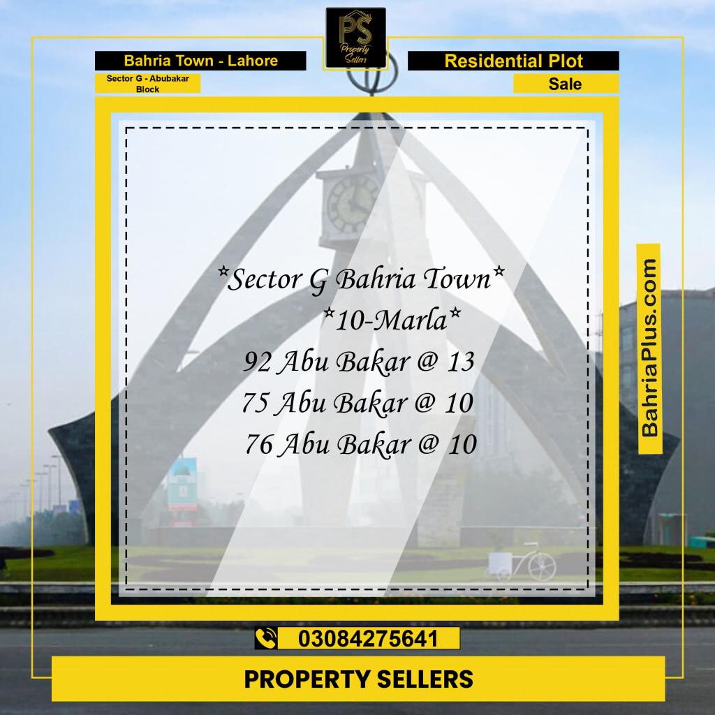 10 Marla Residential Plot for Sale in Sector G - Abubakar Block -  Bahria Town, Lahore - (BP-233135)