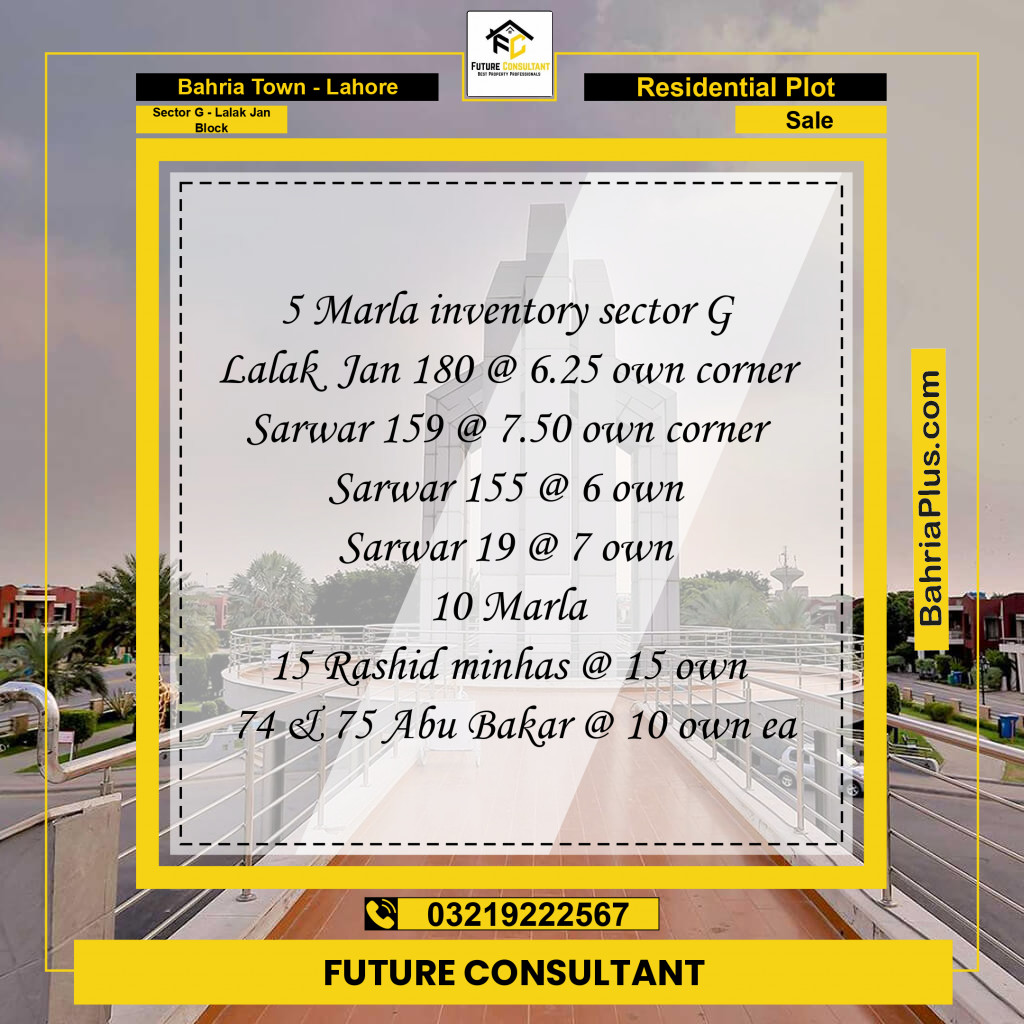 10 Marla Residential Plot for Sale in Sector G - Lalak Jan Block -  Bahria Town, Lahore - (BP-233255)