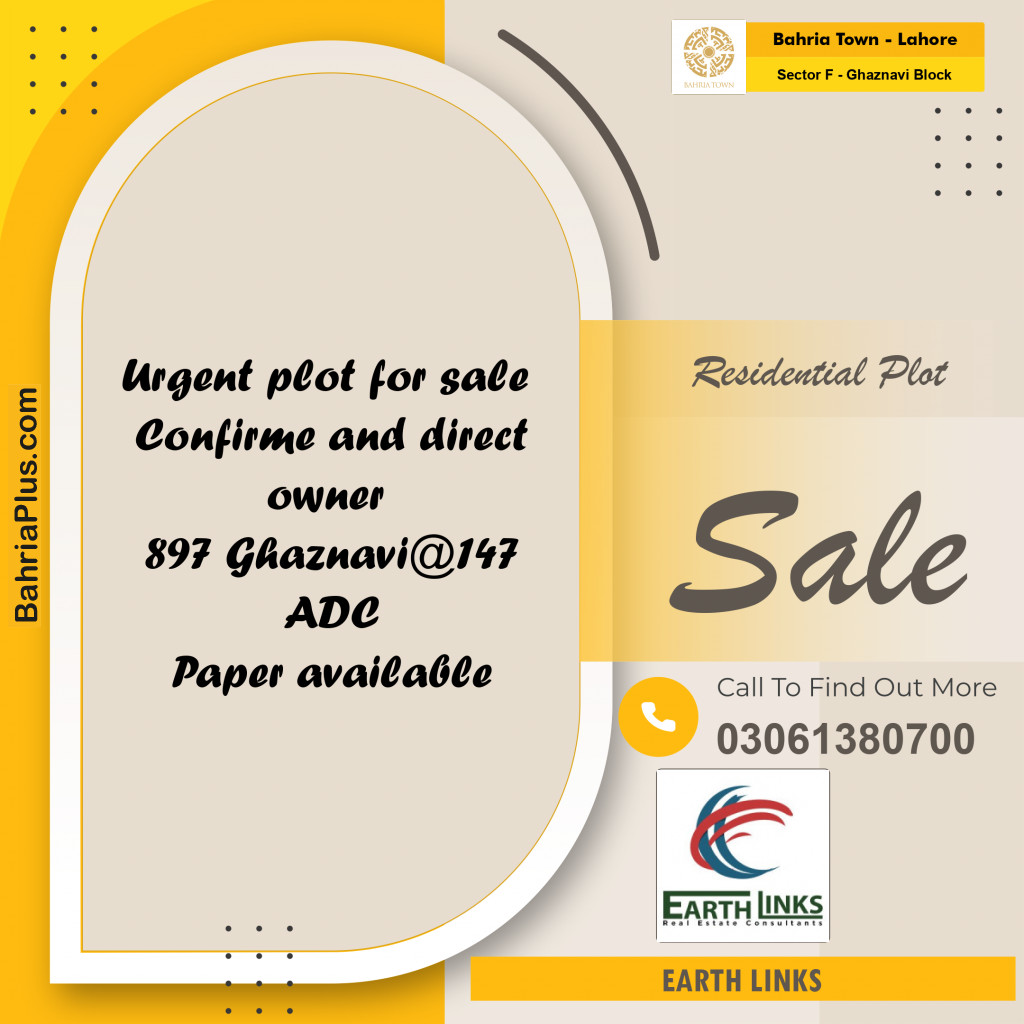 10 Marla Residential Plot for Sale in Sector F - Ghaznavi Block -  Bahria Town, Lahore - (BP-233279)