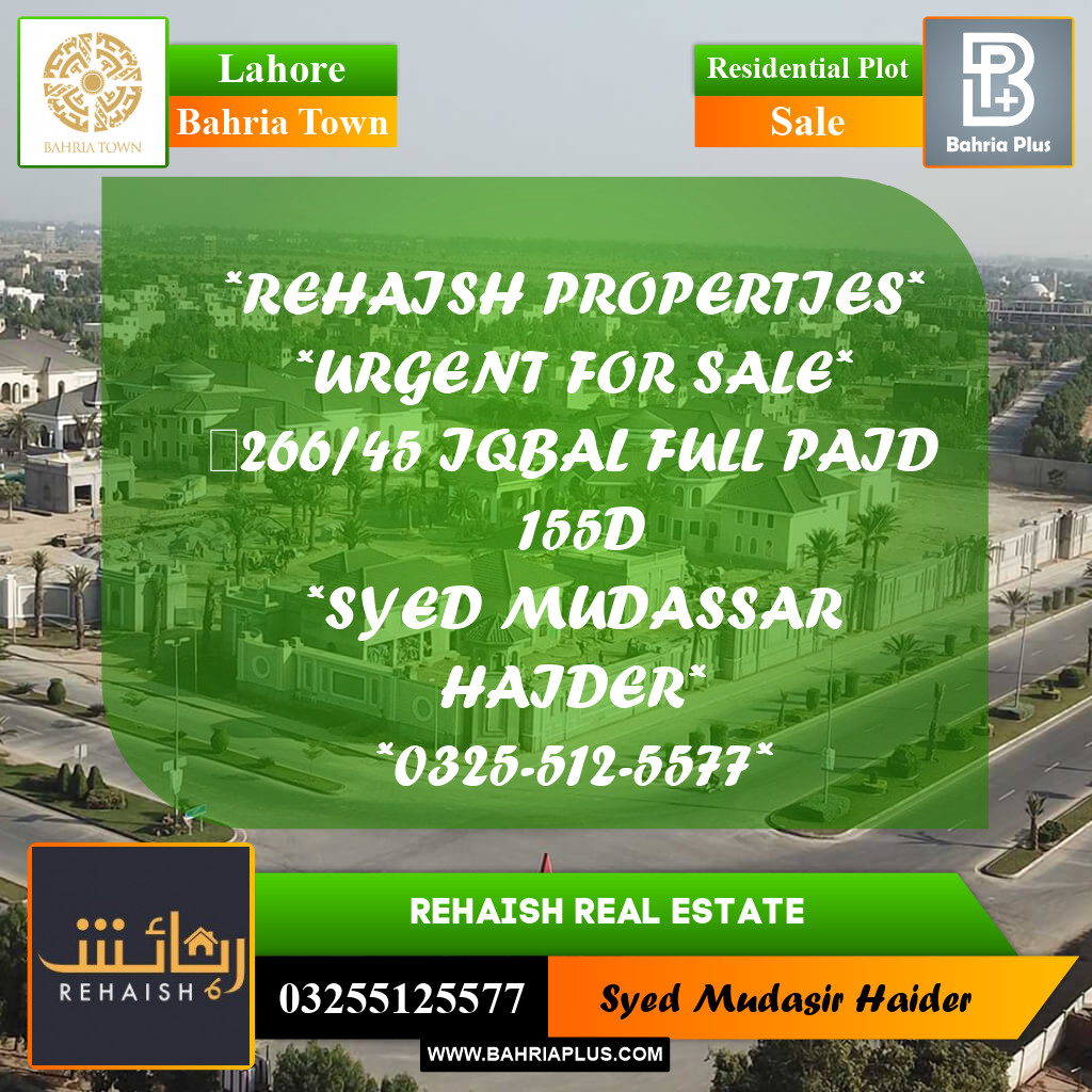 Residential Plot for Sale in Bahria Town, Lahore - (BP-233307)