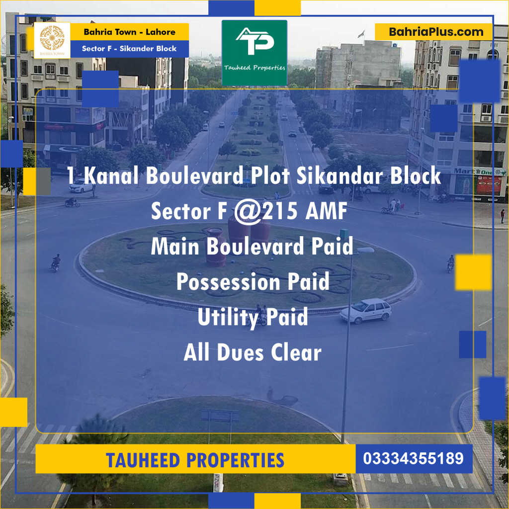 1 Kanal Residential Plot for Sale in Sector F - Sikander Block -  Bahria Town, Lahore - (BP-233350)