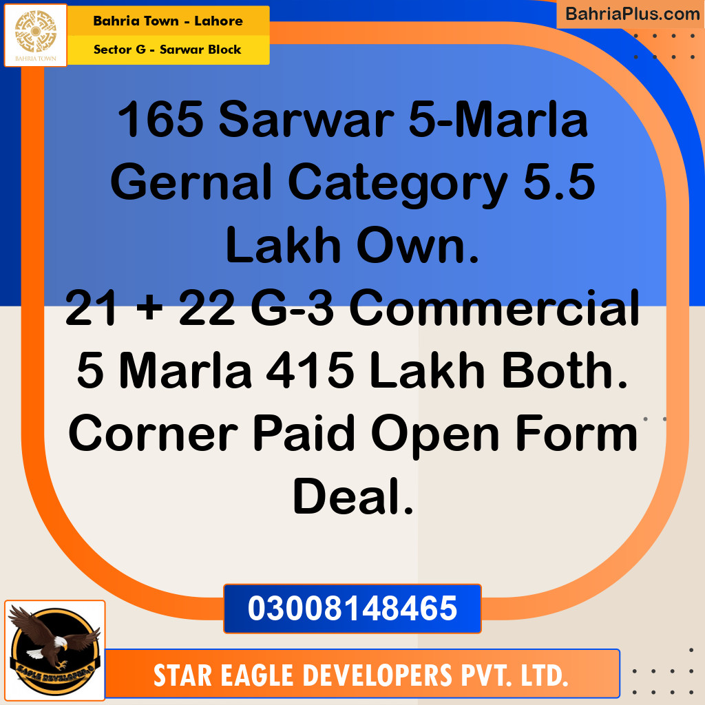 5 Marla Residential Plot for Sale in Sector G - Sarwar Block -  Bahria Town, Lahore - (BP-233352)