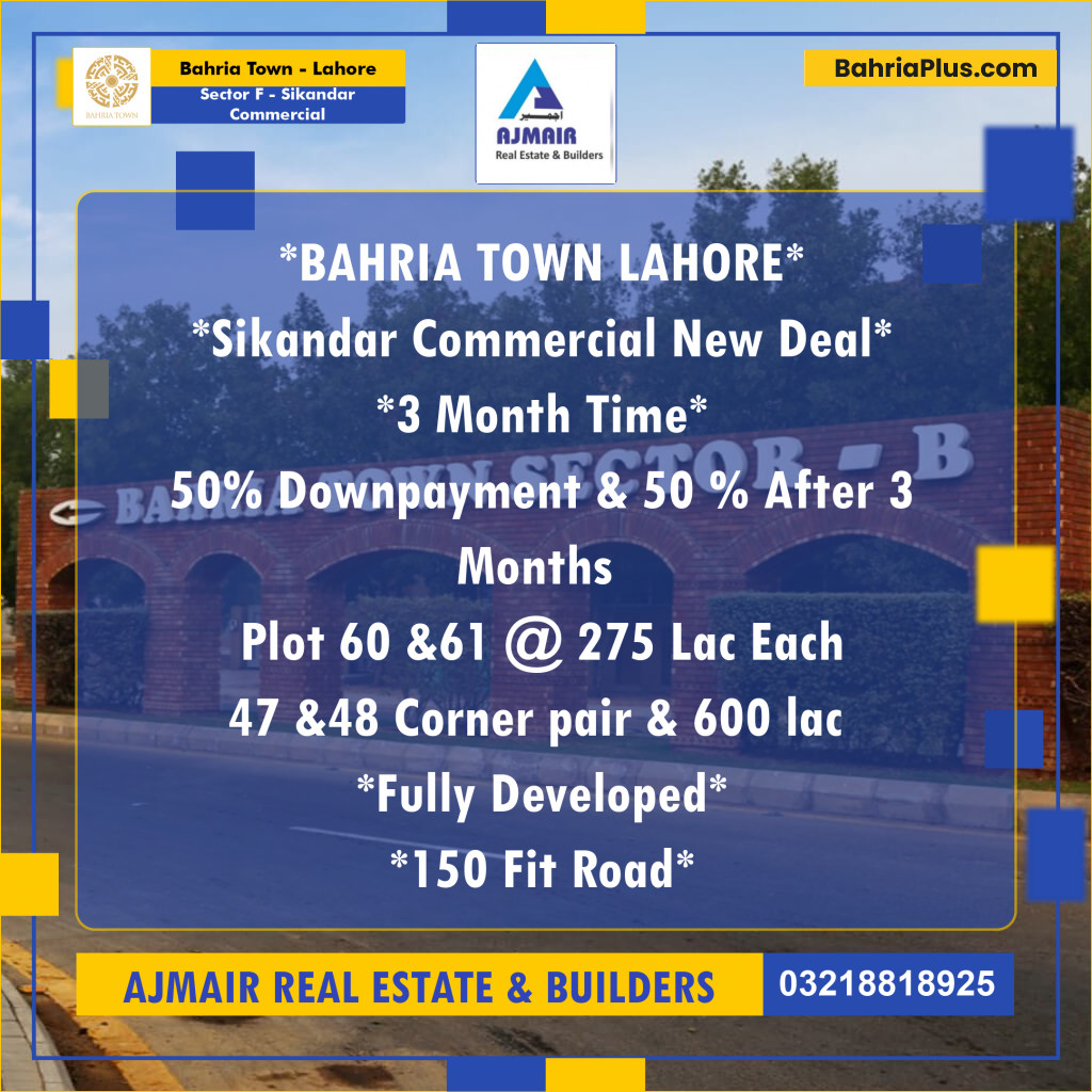 5 Marla Commercial Plot for Sale in Sector F - Sikandar Commercial -  Bahria Town, Lahore - (BP-233372)