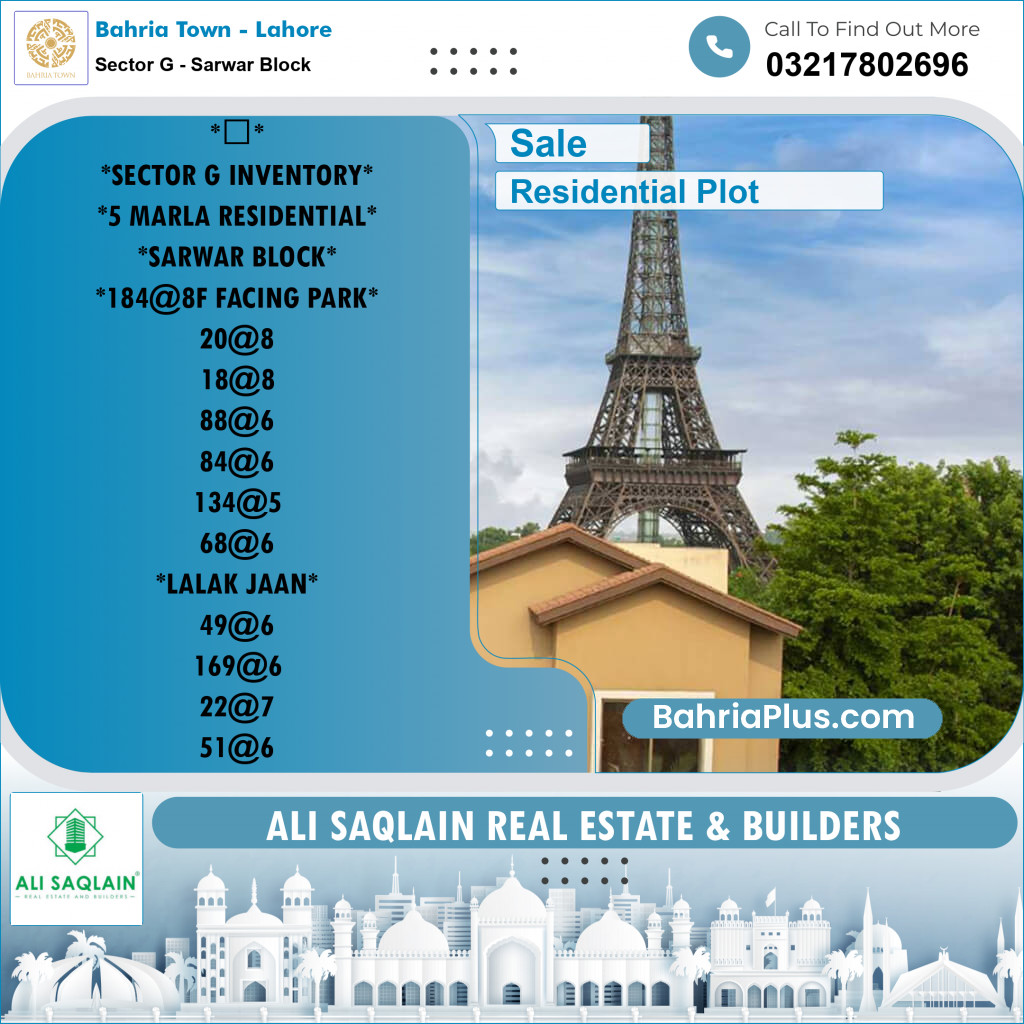 5 Marla Residential Plot for Sale in Sector G - Sarwar Block -  Bahria Town, Lahore - (BP-233407)