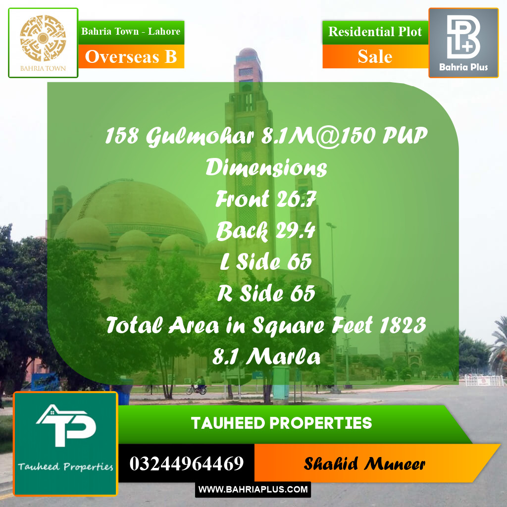 8.1 Marla Residential Plot for Sale in Overseas B -  Bahria Town, Lahore - (BP-233826)