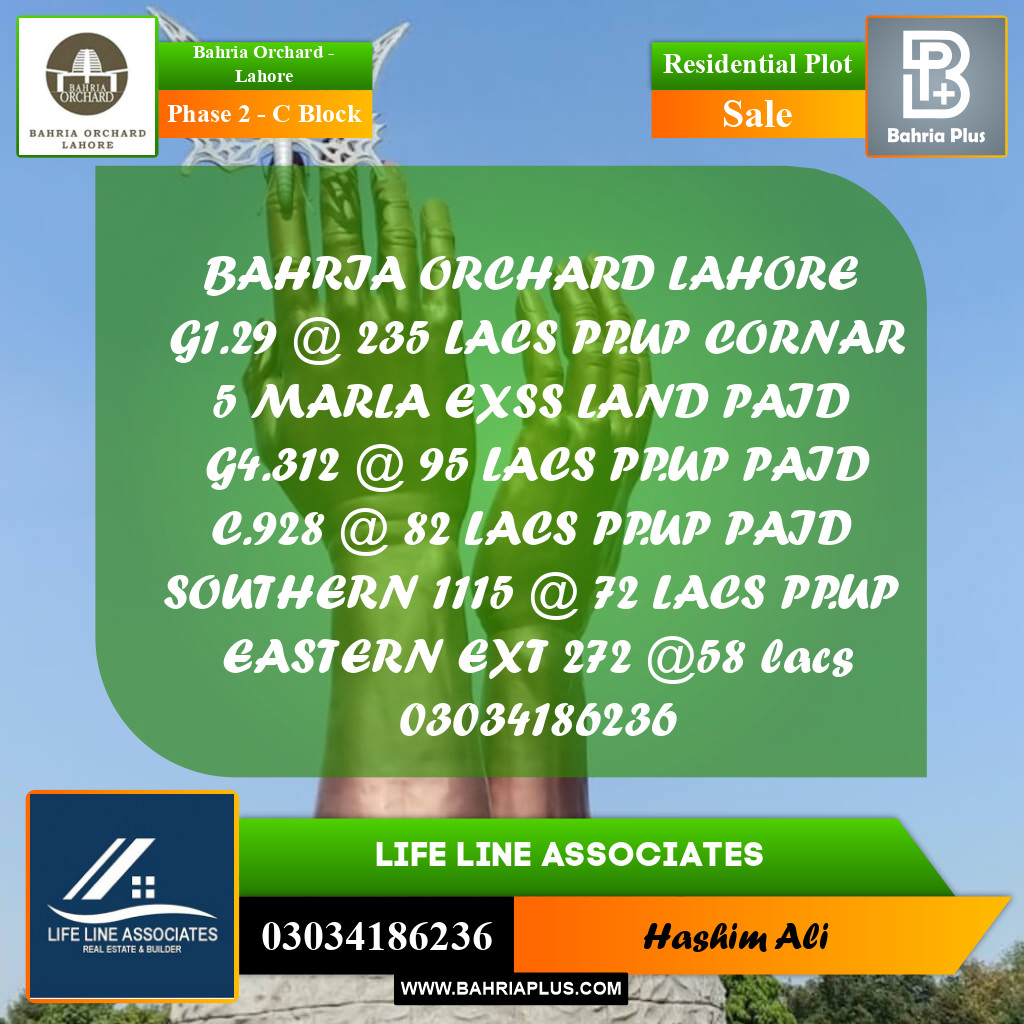 8 Marla Residential Plot for Sale in Phase 2 - C Block -  Bahria Orchard, Lahore - (BP-233843)