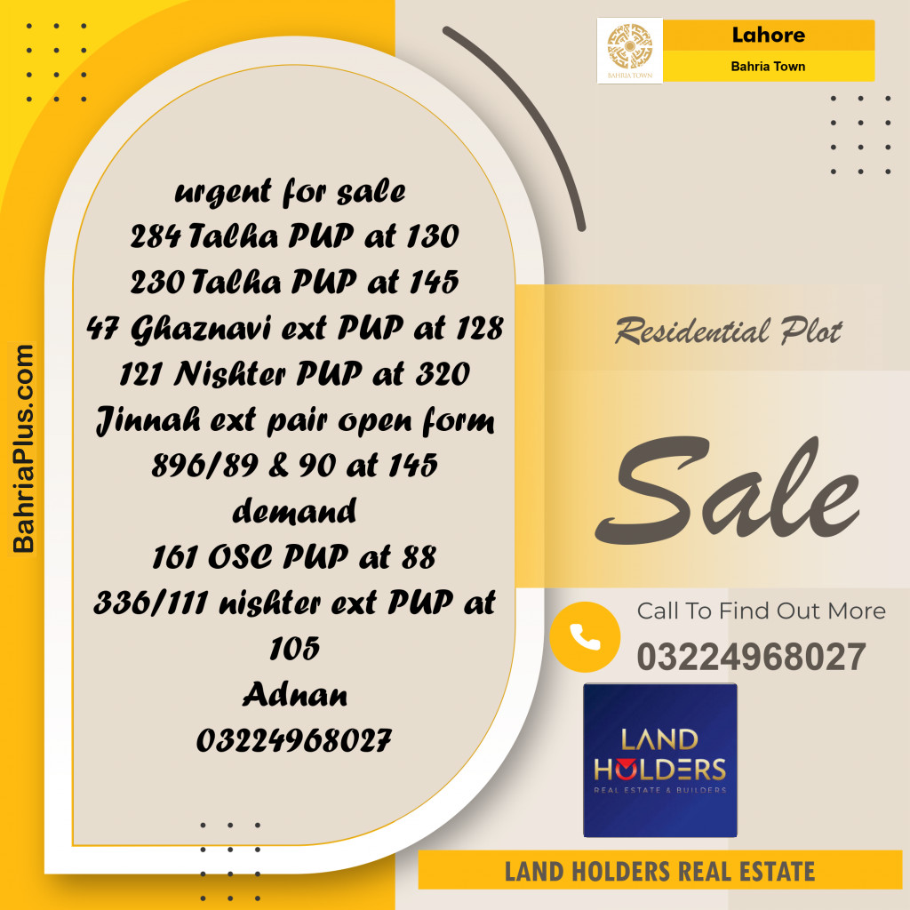 Residential Plot for Sale in Bahria Town, Lahore - (BP-233846)