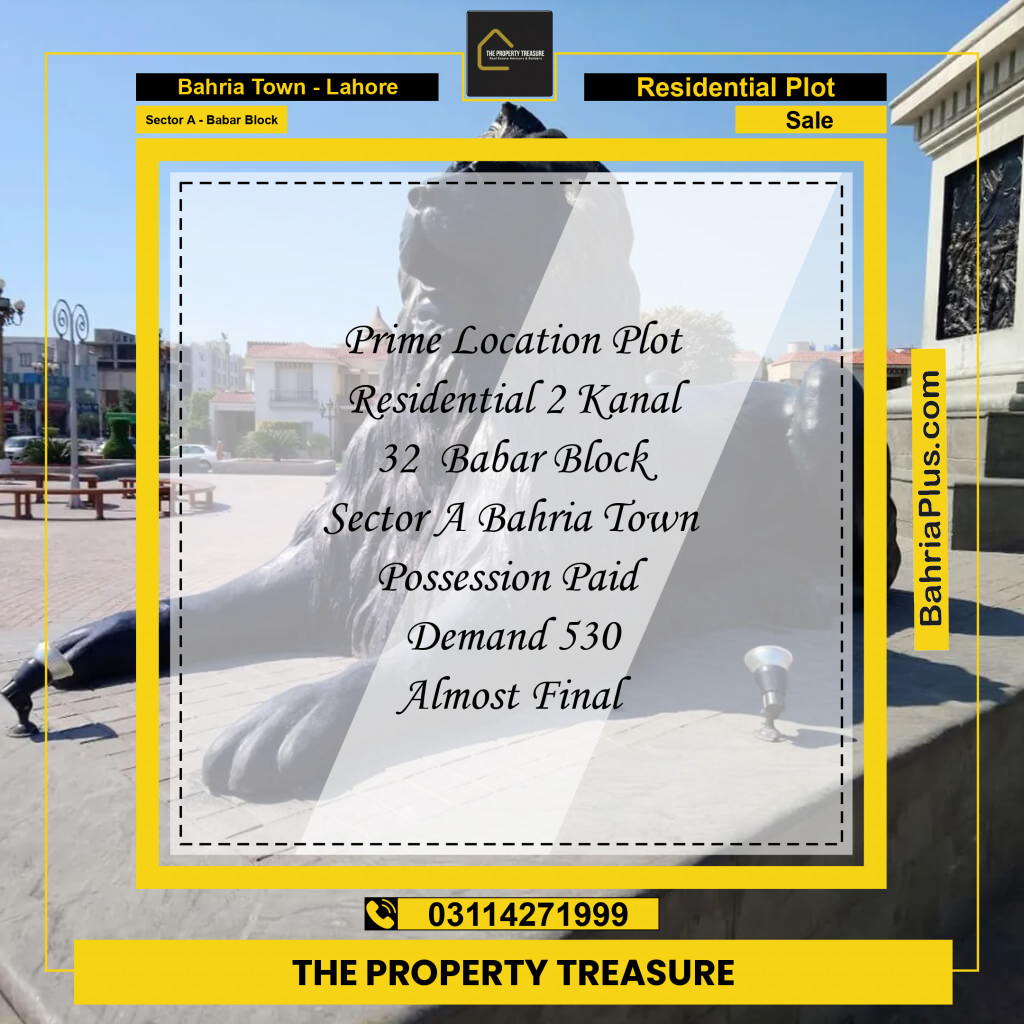 2 Kanal Residential Plot for Sale in Sector A - Babar Block -  Bahria Town, Lahore - (BP-233921)