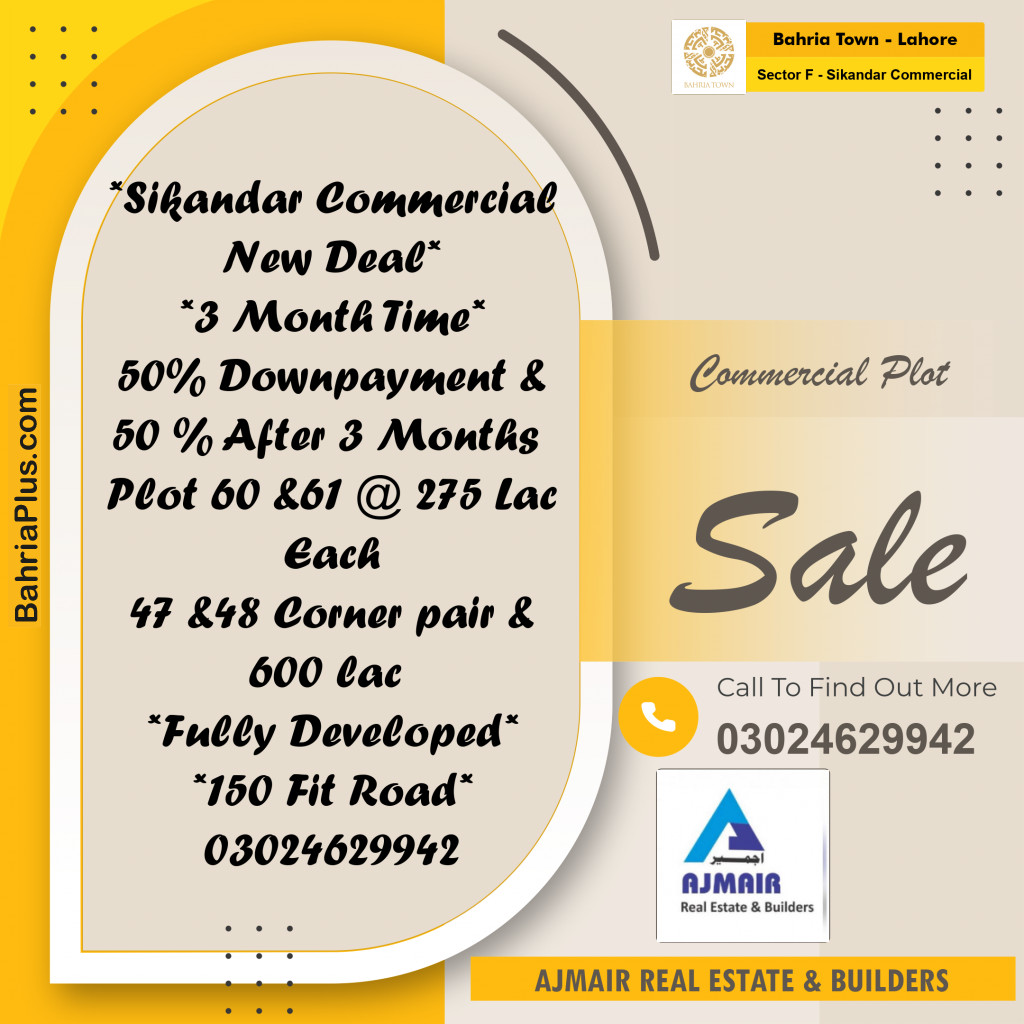 5 Marla Commercial Plot for Sale in Sector F - Sikandar Commercial -  Bahria Town, Lahore - (BP-233936)