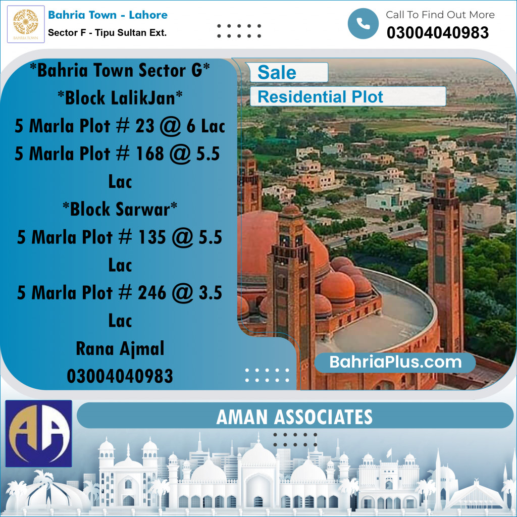 Residential Plot for Sale in Sector F - Tipu Sultan Ext. -  Bahria Town, Lahore - (BP-234119)